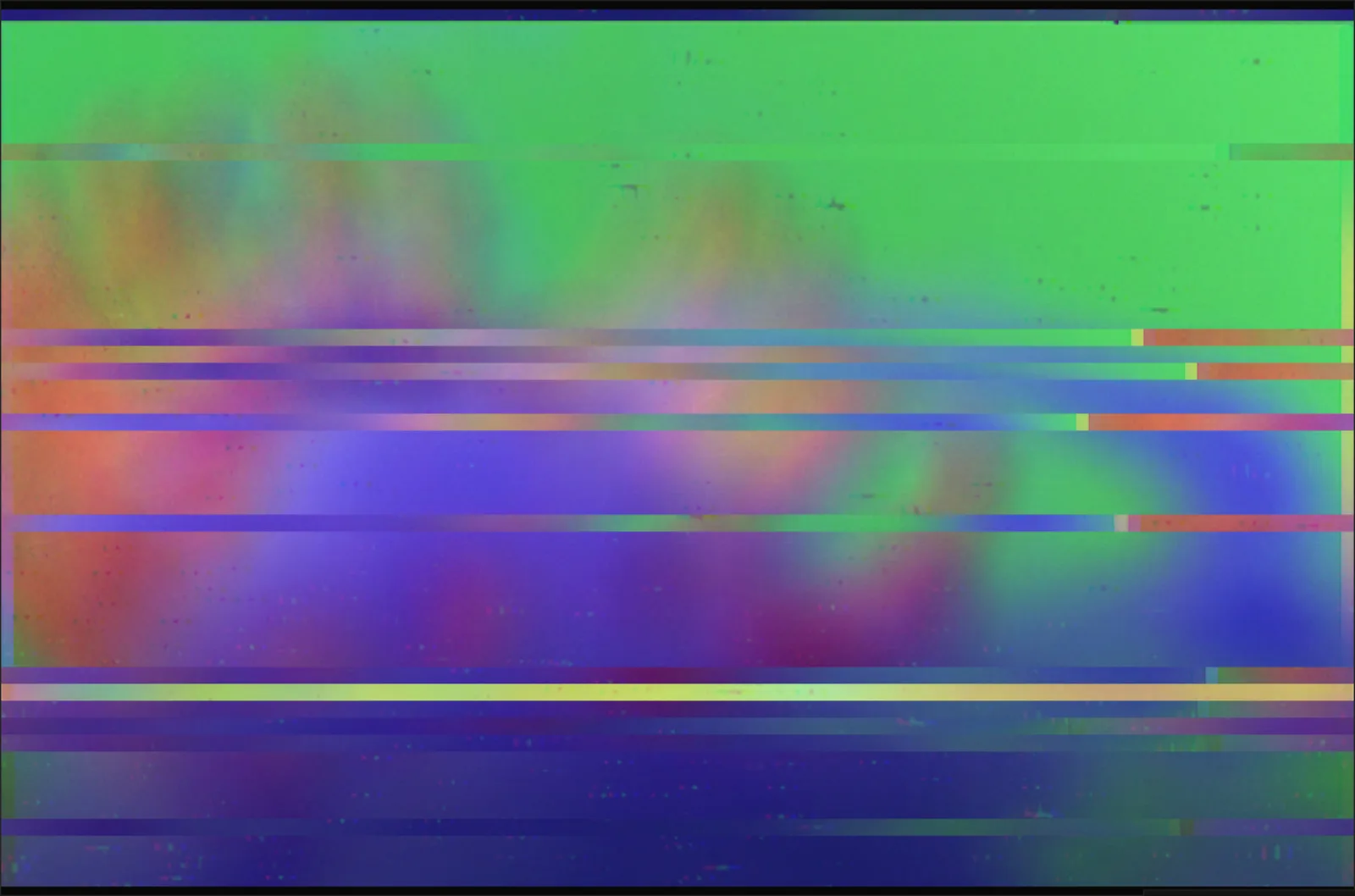 Glitch render of the ink-flower frame: horizontal scanline displacement over the colour source.